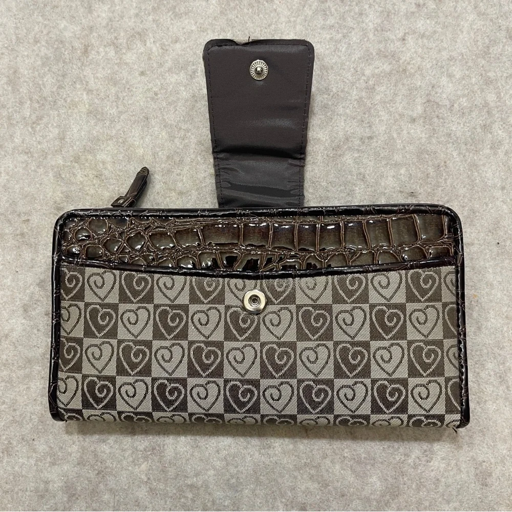 Y2K 2000’s Long Checkbook Zip Snap Wallet Brown Checker Heart Print Faux Croc